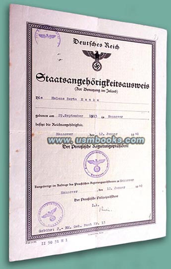 Deutsches Reich Staatsangehoerigkeitsausweis 1940
