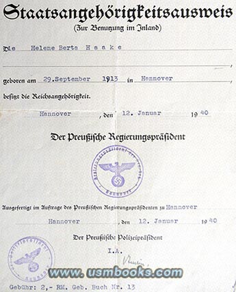 Nazi citizenship certificate 1940