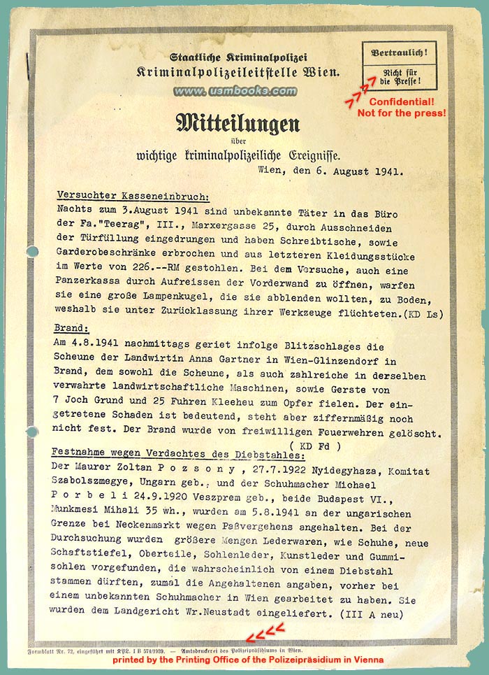 Kriminalpolizeileitstelle Wien criminal cases August 1941