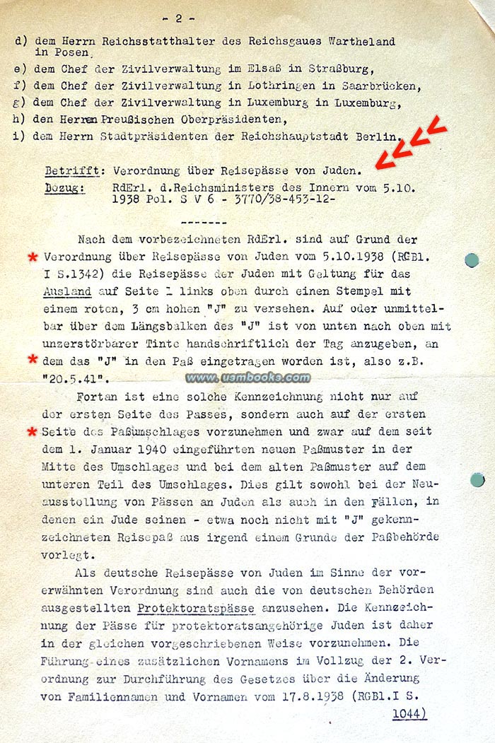 Kennzeichnung der Judenpsse, red J in Nazi passports